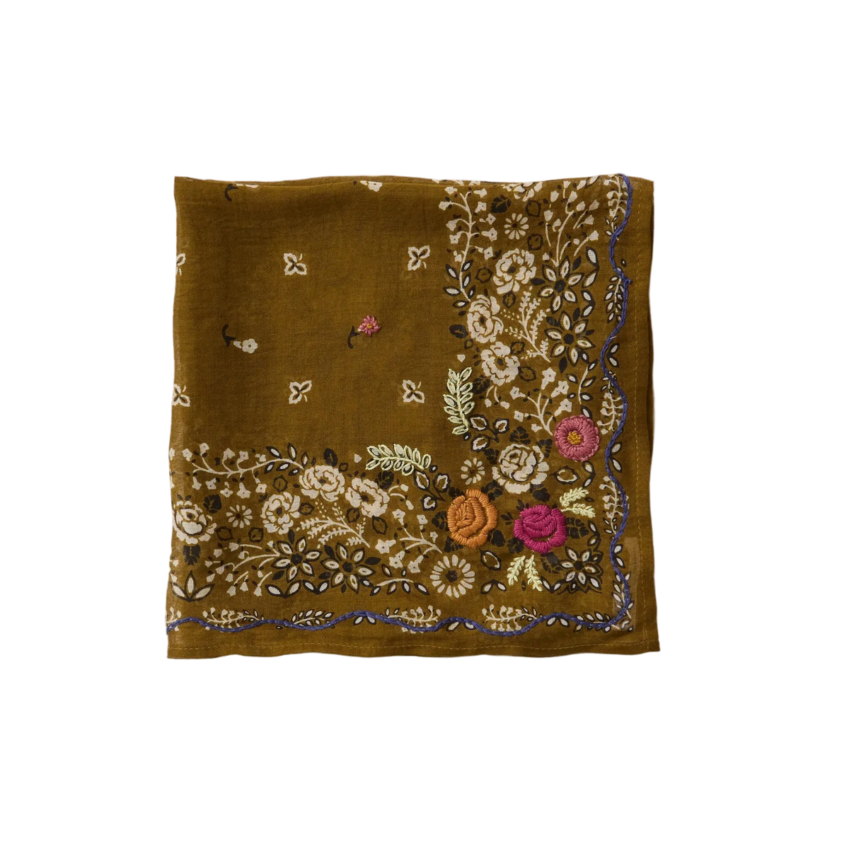 Olive Embroidered Floral Bandana