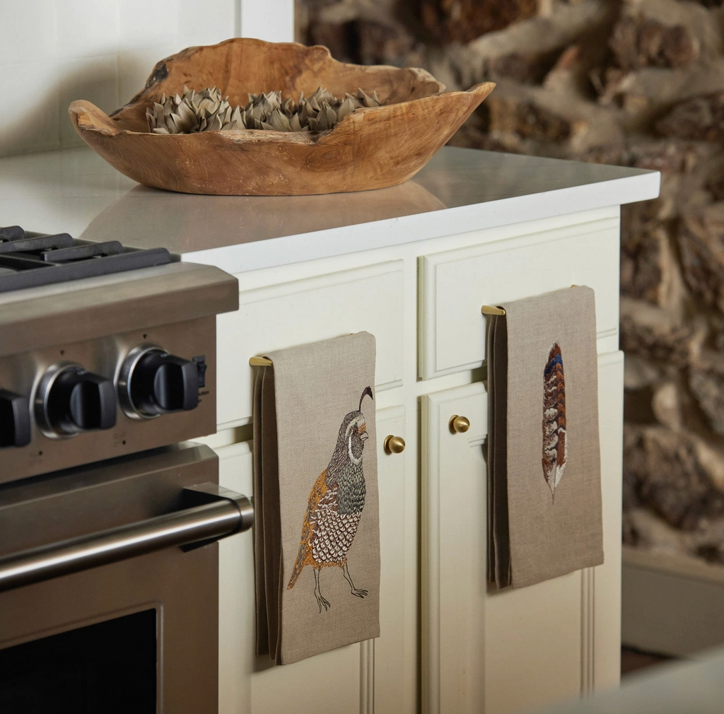 Embroidered Quail Tea Towel