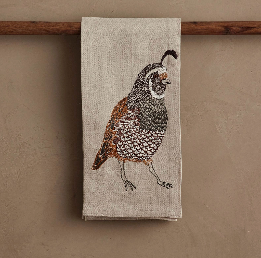 Embroidered Quail Tea Towel