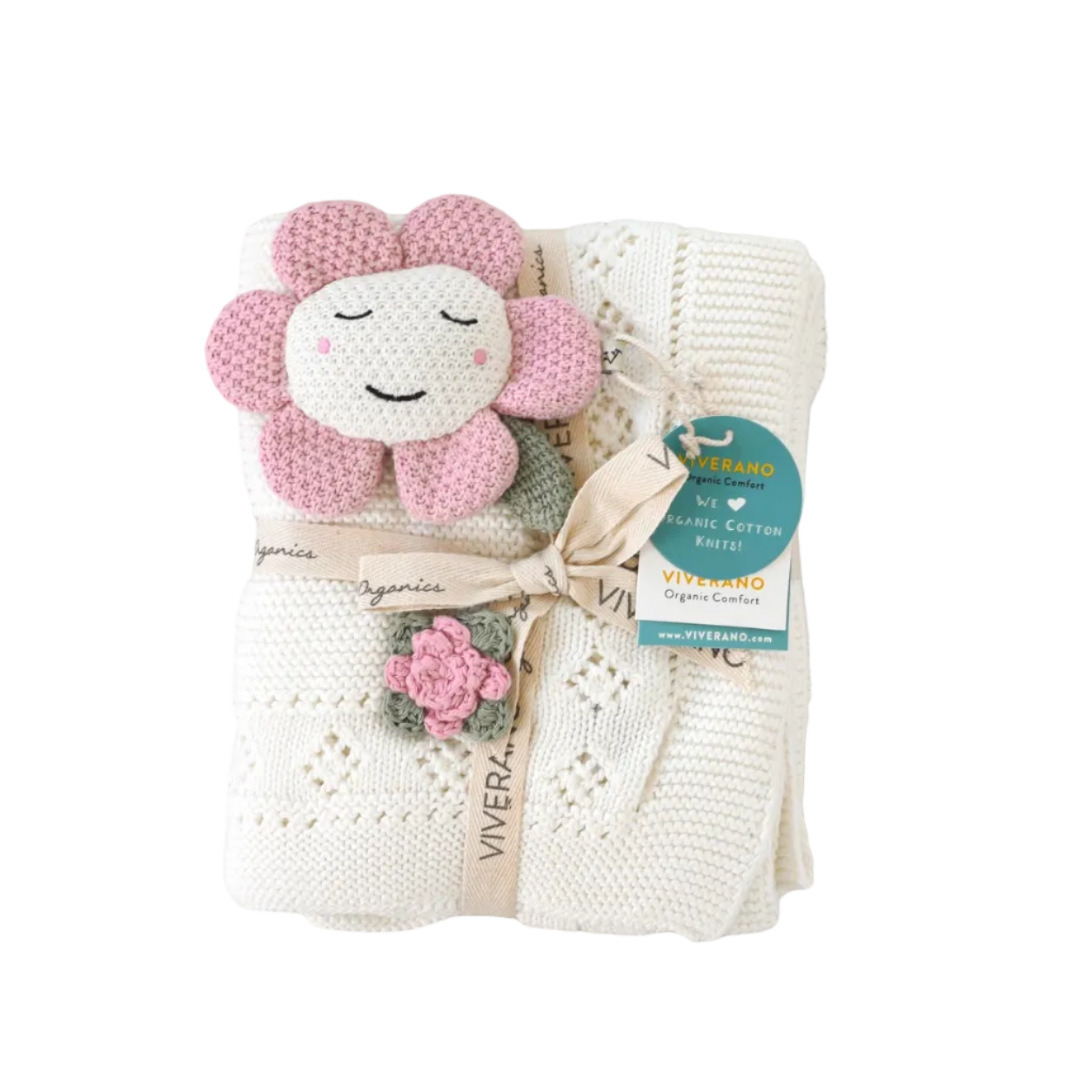 Flower Pointelle Knit Blanket and Rattle Set