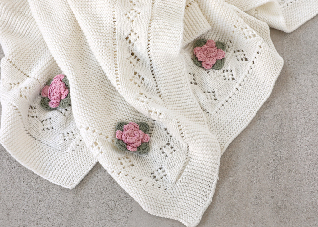 Flower Pointelle Knit Blanket and Rattle Set