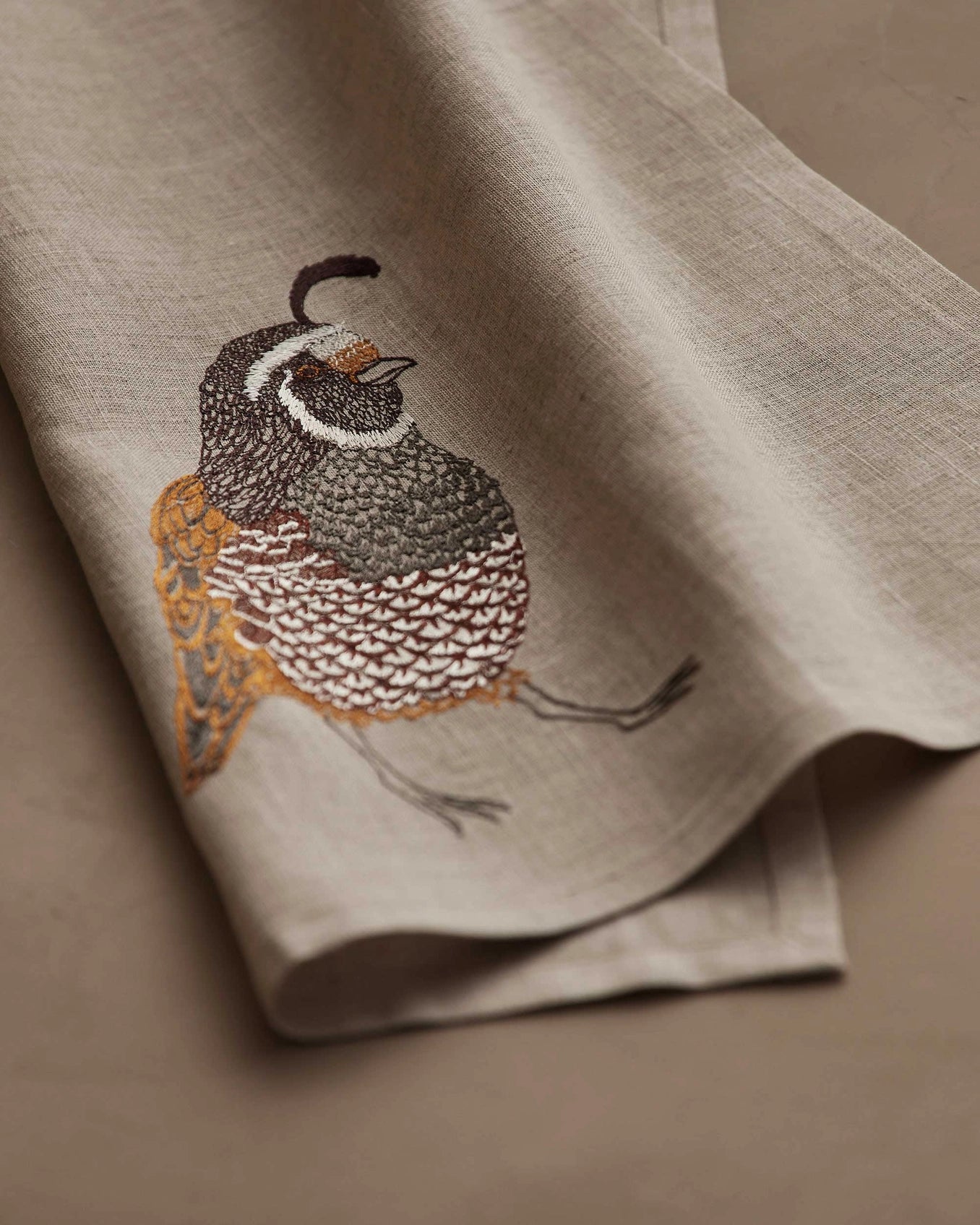 Embroidered Quail Tea Towel